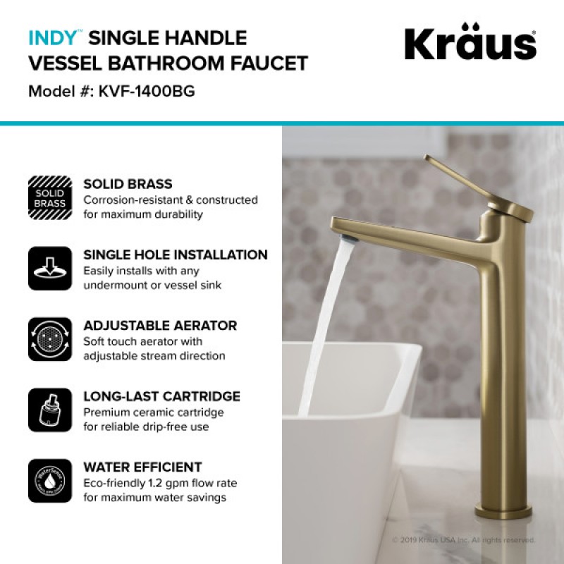 Indy™ Single Handle Vessel Bathroom Faucet and Pop Up Drain in Brushed Gold