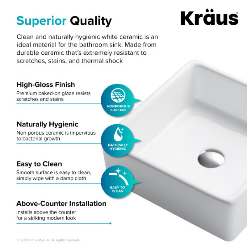 KRAUS Elavo™ 15-inch Square White Porcelain Ceramic Bathroom Vessel Sink and Spot Free Arlo™ Faucet Combo Set with Pop-Up Drain, Stainless Brushed Nickel Finish