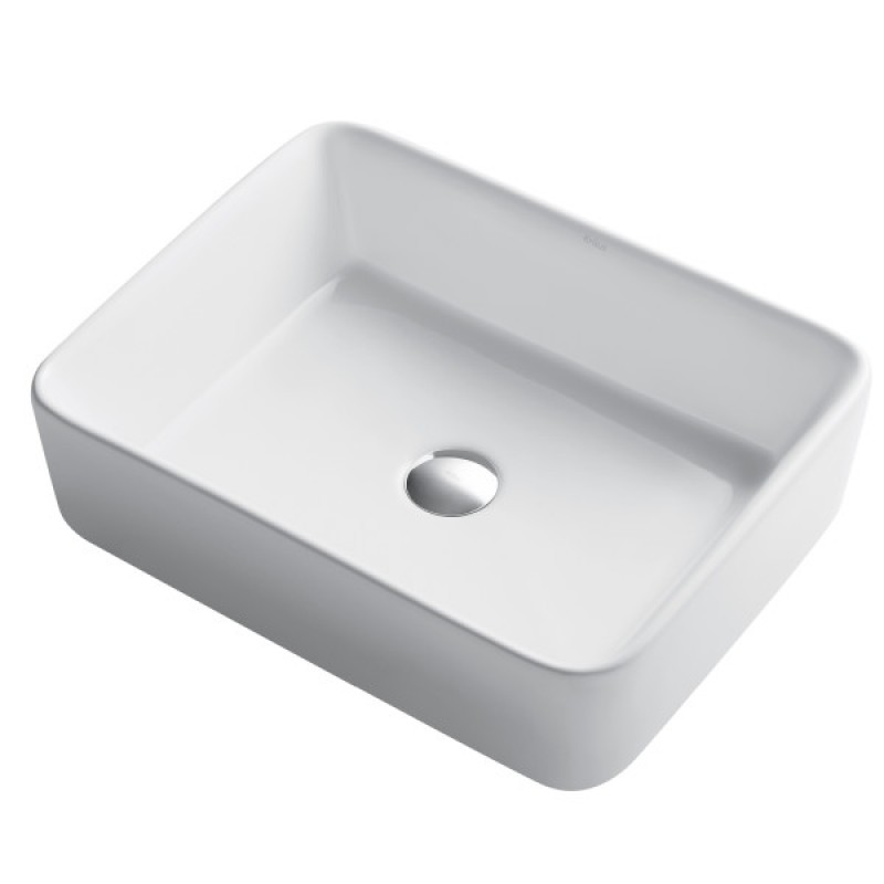 KRAUS Elavo™ Modern Rectangular Vessel White Porcelain Ceramic Bathroom Sink, 19 inch and Ramus™ Single Handle Vessel Bathroom Sink Faucet with Pop-Up Drain in Matte Black