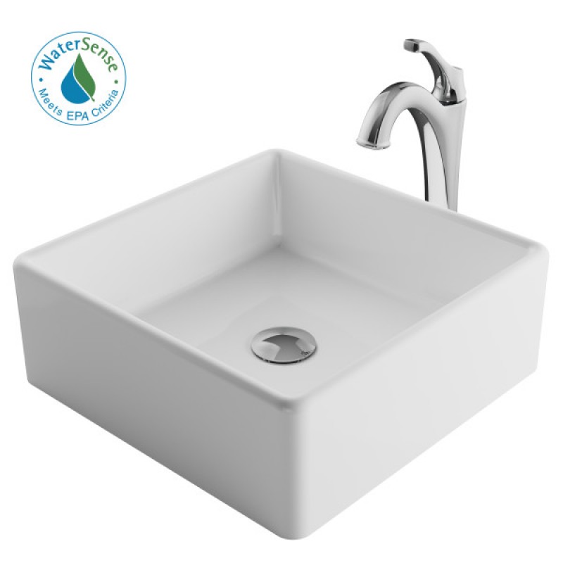 KRAUS Elavo™ 15-inch Square White Porcelain Ceramic Bathroom Vessel Sink and Arlo™ Faucet Combo Set with Pop-Up Drain, Chrome Finish