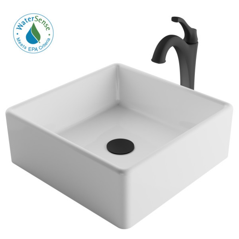 KRAUS Elavo™ 15-inch Square White Porcelain Ceramic Bathroom Vessel Sink and Matte Black Arlo™ Faucet Combo Set with Pop-Up Drain