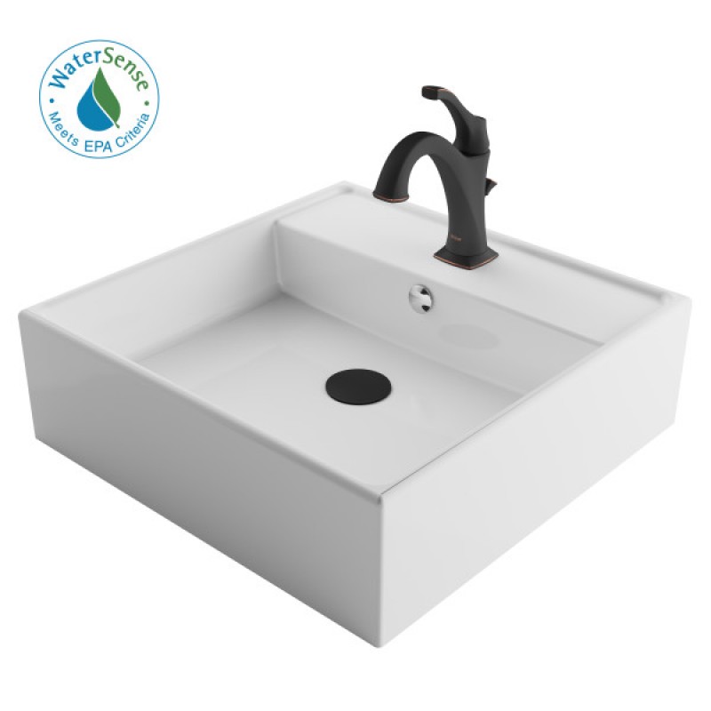 Elavo™ 18 1/2-inch Square White Porcelain Ceramic Bathroom Vessel Sink with Overflow and Arlo™ Faucet Combo Set with Lift Rod Drain, Oil Rubbed Bronze Finish