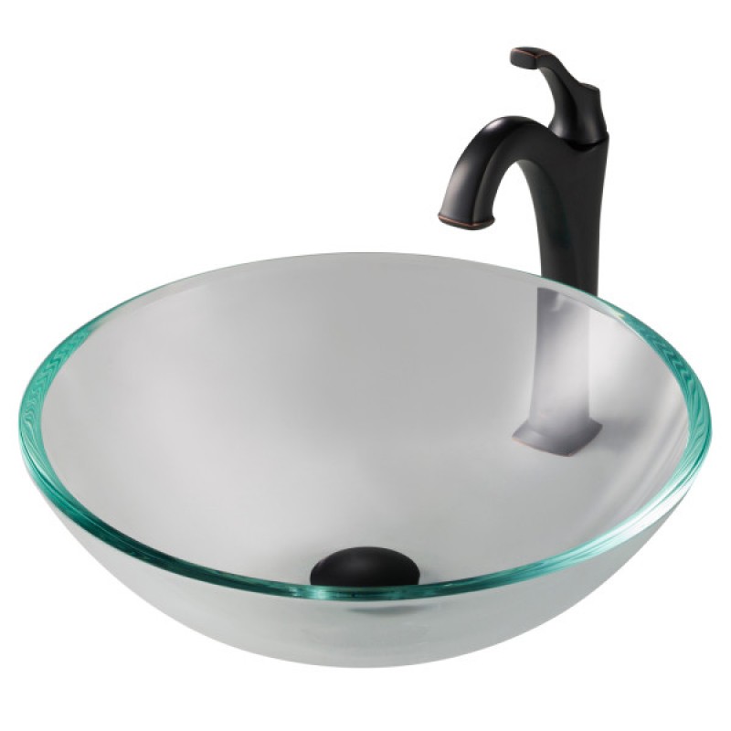 KRAUS 16 1/2-inch Crystal Clear Glass Bathroom Vessel Sink and Arlo™ Faucet Combo Set with Pop-Up Drain, Oil Rubbed Bronze Finish