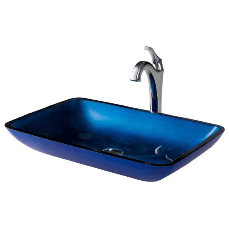 KRAUS 22-inch Rectangular Blue Glass Bathroom Vessel Sink and Arlo™ Faucet Combo Set with Pop-Up Drain, Chrome Finish