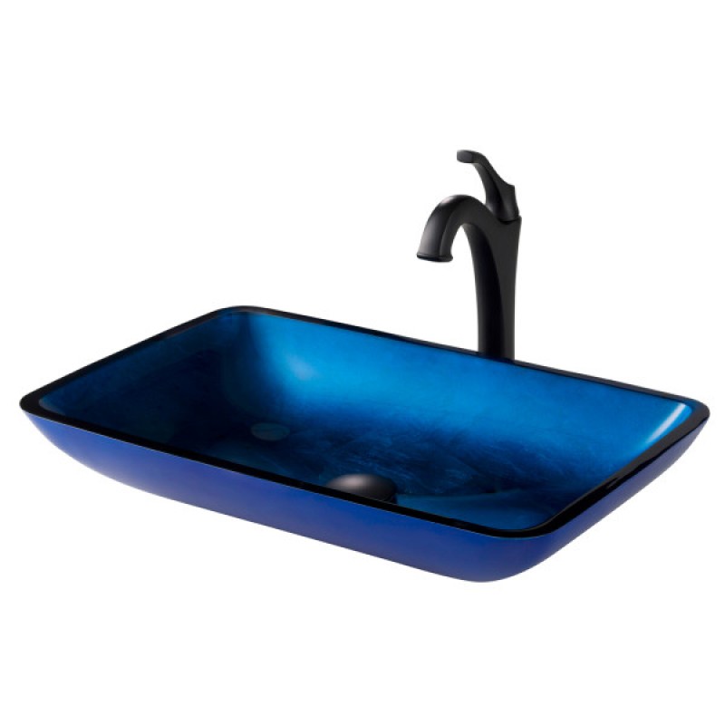 KRAUS 22-inch Rectangular Blue Glass Bathroom Vessel Sink and Matte Black Arlo™ Faucet Combo Set with Pop-Up Drain