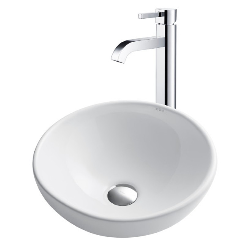 KRAUS 16-inch Round White Porcelain Ceramic Bathroom Vessel Sink and Ramus™ Faucet Combo Set with Pop-Up Drain, Chrome Finish