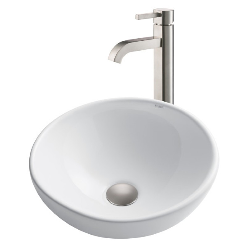 KRAUS 16-inch Round White Porcelain Ceramic Bathroom Vessel Sink and Ramus™ Faucet Combo Set with Pop-Up Drain, Satin Nickel Finish