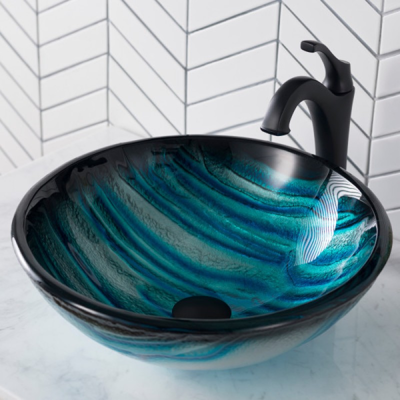 KRAUS 17-inch Blue Glass Nature Series™ Bathroom Vessel Sink and Matte Black Arlo™ Faucet Combo Set with Pop-Up Drain