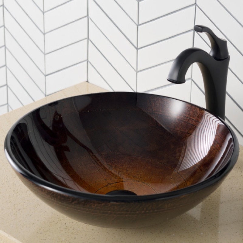 KRAUS 16 1/2-inch Copper Brown Bathroom Vessel Sink and Matte Black Arlo™ Faucet Combo Set with Pop-Up Drain