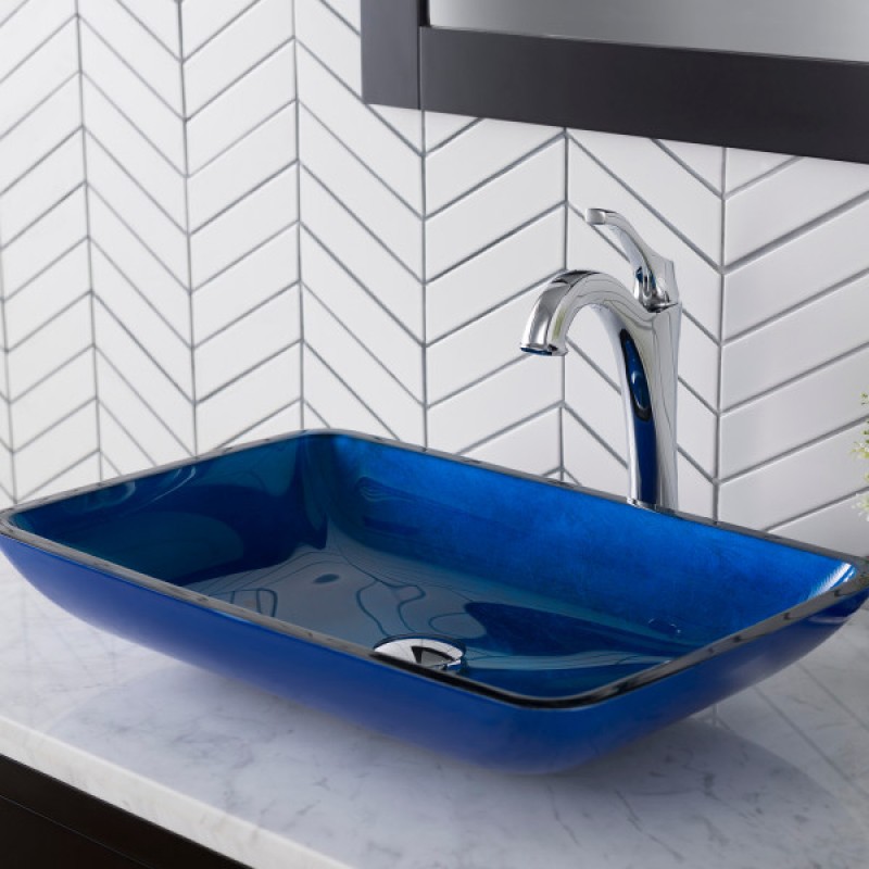 KRAUS 22-inch Rectangular Blue Glass Bathroom Vessel Sink and Arlo™ Faucet Combo Set with Pop-Up Drain, Chrome Finish