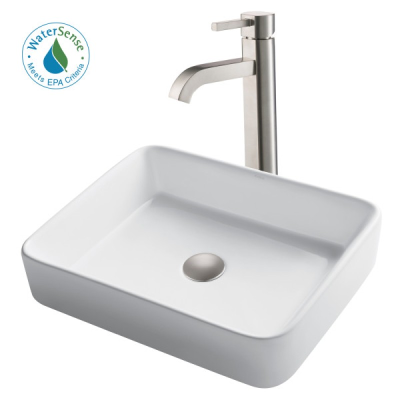 KRAUS 19-inch Modern Rectangular White Porcelain Ceramic Bathroom Vessel Sink and Ramus™ Faucet Combo Set with Pop-Up Drain, Satin Nickel Finish