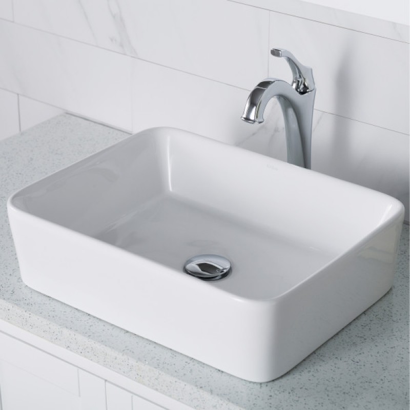 KRAUS Elavo™ 19-inch Modern Rectangular White Porcelain Ceramic Bathroom Vessel Sink and Arlo™ Faucet Combo Set with Pop-Up Drain, Chrome Finish