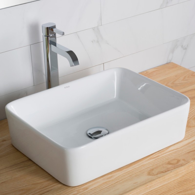 KRAUS 19-inch Modern Rectangular White Porcelain Ceramic Bathroom Vessel Sink and Ramus™ Faucet Combo Set with Pop-Up Drain, Chrome Finish