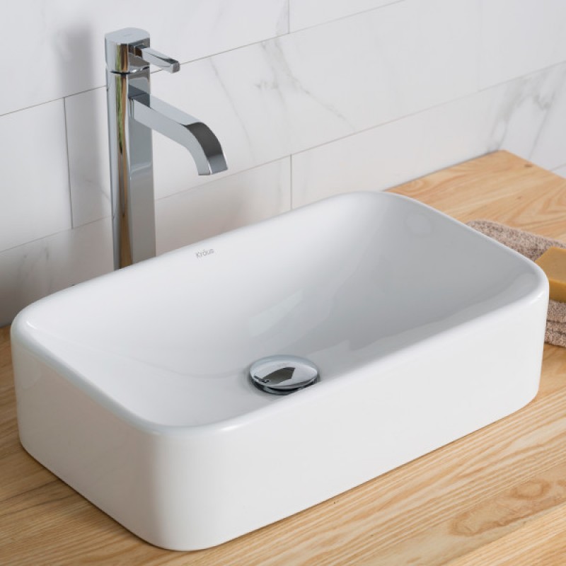 KRAUS 19-inch Rectangular White Porcelain Ceramic Bathroom Vessel Sink and Ramus™ Faucet Combo Set with Pop-Up Drain, Chrome Finish