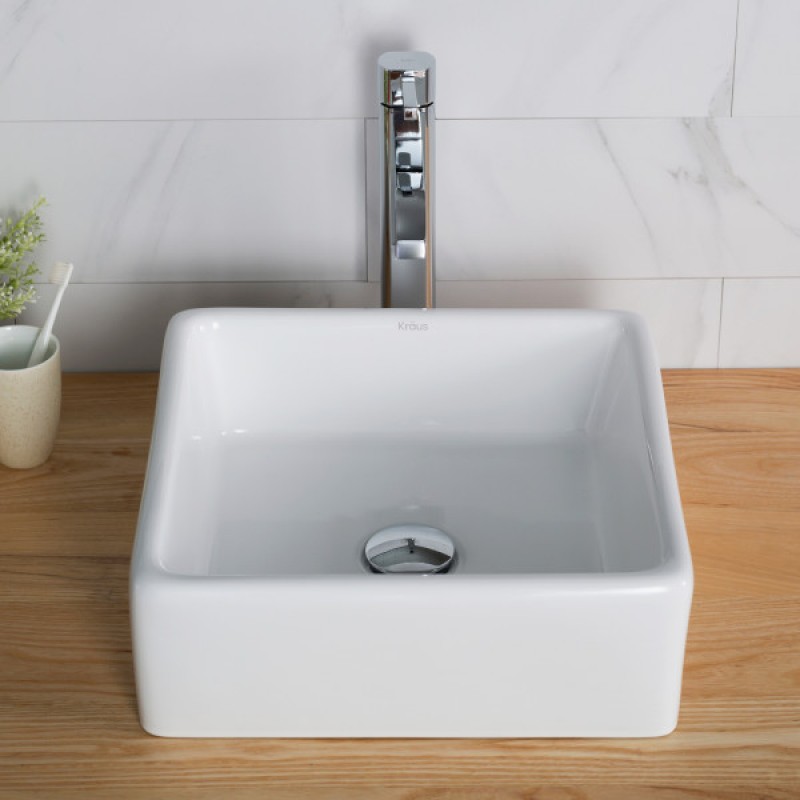 KRAUS 15-inch Square White Porcelain Ceramic Bathroom Vessel Sink and Ramus™ Faucet Combo Set with Pop-Up Drain, Chrome Finish