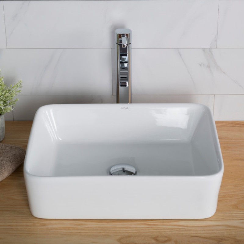 KRAUS 19-inch Modern Rectangular White Porcelain Ceramic Bathroom Vessel Sink and Ramus™ Faucet Combo Set with Pop-Up Drain, Chrome Finish