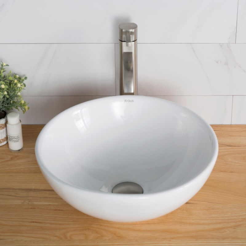 KRAUS 16-inch Round White Porcelain Ceramic Bathroom Vessel Sink and Ramus™ Faucet Combo Set with Pop-Up Drain, Satin Nickel Finish