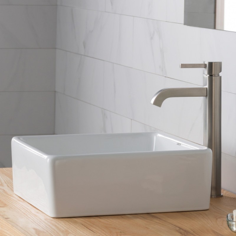 KRAUS 15-inch Square White Porcelain Ceramic Bathroom Vessel Sink and Ramus™ Faucet Combo Set with Pop-Up Drain, Satin Nickel Finish
