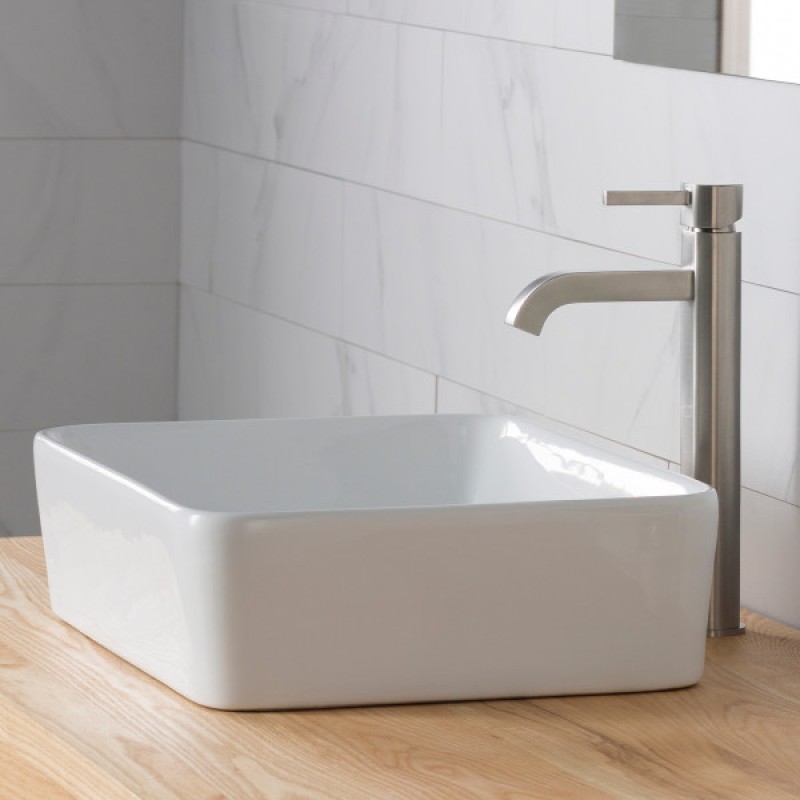 KRAUS 19-inch Modern Rectangular White Porcelain Ceramic Bathroom Vessel Sink and Ramus™ Faucet Combo Set with Pop-Up Drain, Satin Nickel Finish