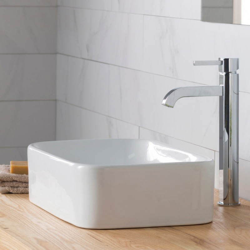 KRAUS 19-inch Rectangular White Porcelain Ceramic Bathroom Vessel Sink and Ramus™ Faucet Combo Set with Pop-Up Drain, Chrome Finish