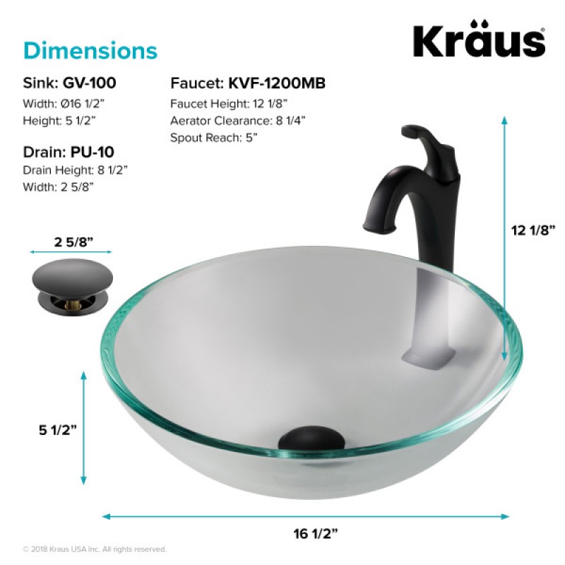 KRAUS 16 1/2-inch Crystal Clear Glass Bathroom Vessel Sink and Matte Black Arlo™ Faucet Combo Set with Pop-Up Drain