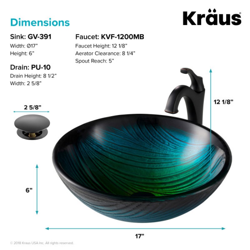 KRAUS 17-inch Green Glass Nature Series™ Bathroom Vessel Sink and Matte Black Arlo™ Faucet Combo Set with Pop-Up Drain