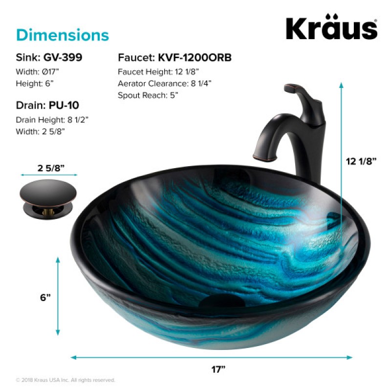 KRAUS 17-inch Blue Glass Nature Series™ Bathroom Vessel Sink and Arlo™ Faucet Combo Set with Pop-Up Drain, Oil Rubbed Bronze Finish