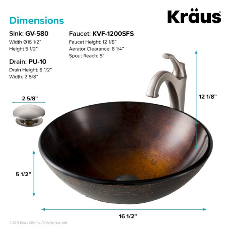 KRAUS 16 1/2-inch Copper Brown Bathroom Vessel Sink and Spot Free Arlo™ Faucet Combo Set with Pop-Up Drain, Stainless Brushed Nickel Finish