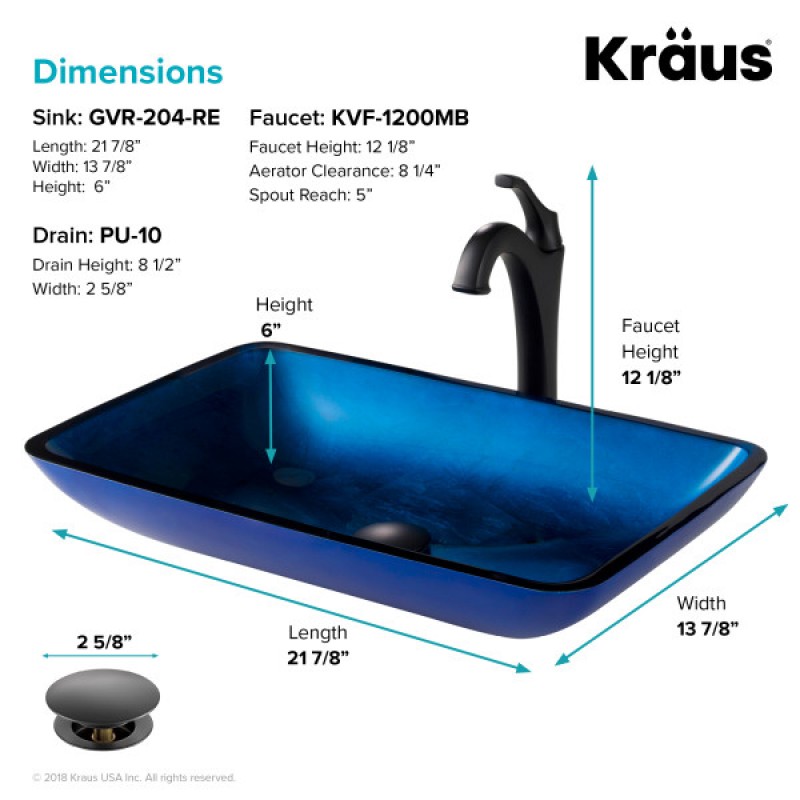 KRAUS 22-inch Rectangular Blue Glass Bathroom Vessel Sink and Matte Black Arlo™ Faucet Combo Set with Pop-Up Drain