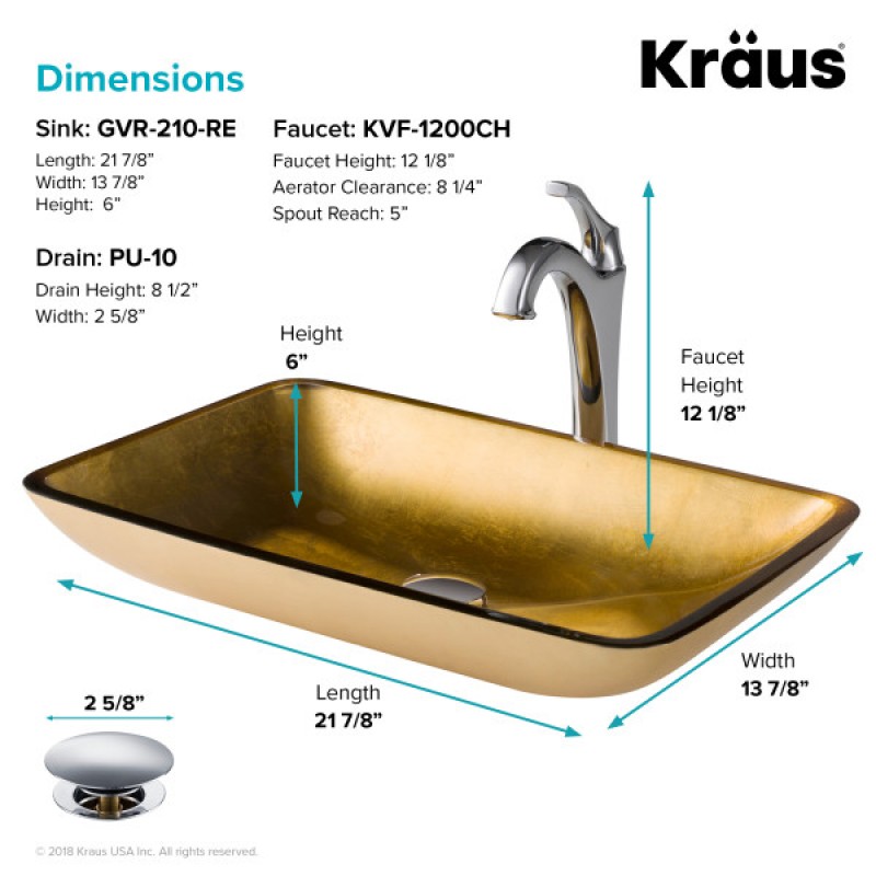 KRAUS 22-inch Rectangular Gold Glass Bathroom Vessel Sink and Arlo™ Faucet Combo Set with Pop-Up Drain, Chrome Finish