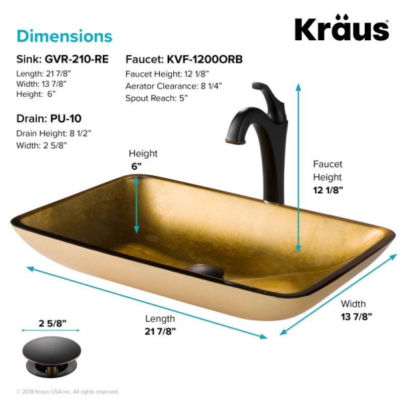KRAUS 22-inch Rectangular Blue Glass Bathroom Vessel Sink and Arlo™ Faucet Combo Set with Pop-Up Drain, Oil Rubbed Bronze Finish
