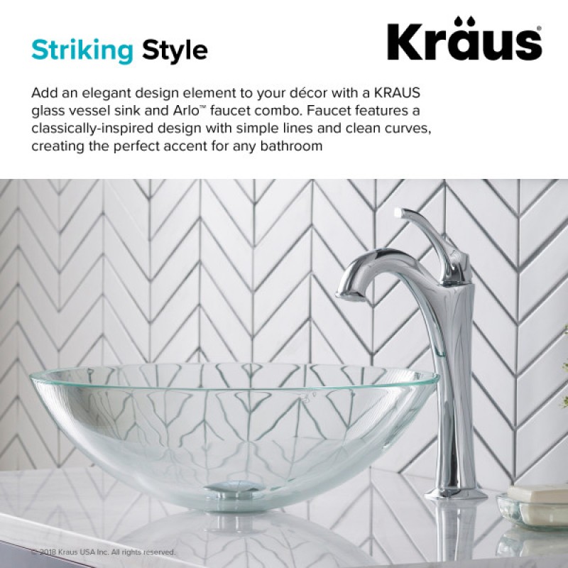 KRAUS 16 1/2-inch Crystal Clear Glass Bathroom Vessel Sink and Arlo™ Faucet Combo Set with Pop-Up Drain, Chrome Finish