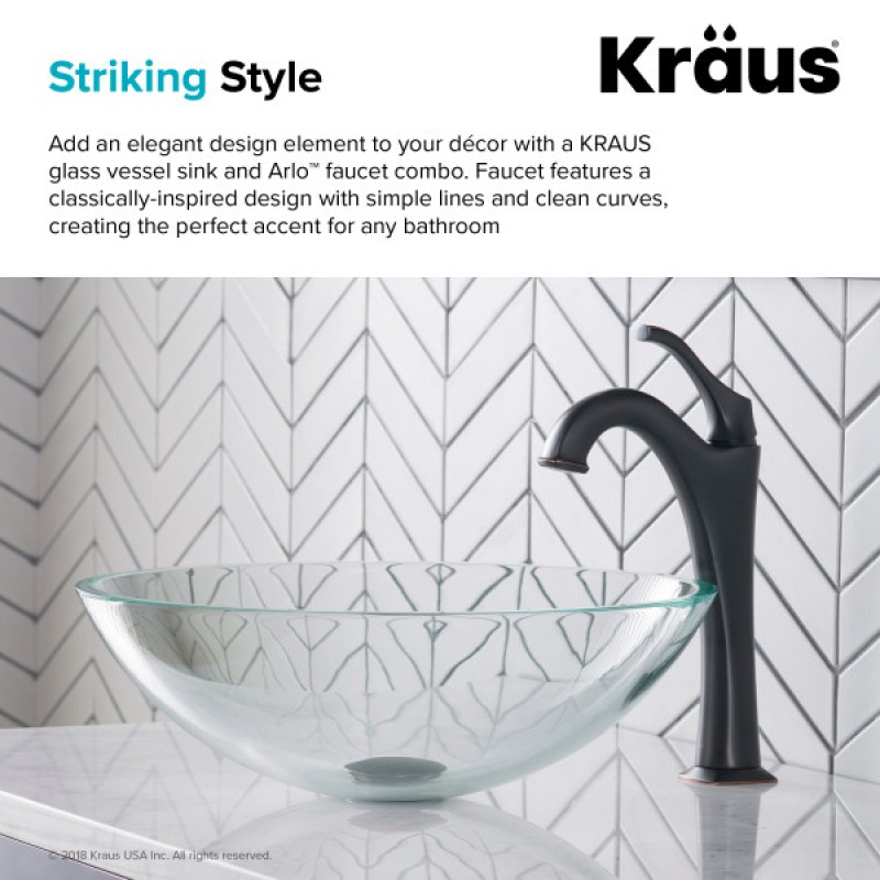 KRAUS 16 1/2-inch Crystal Clear Glass Bathroom Vessel Sink and Matte Black Arlo™ Faucet Combo Set with Pop-Up Drain