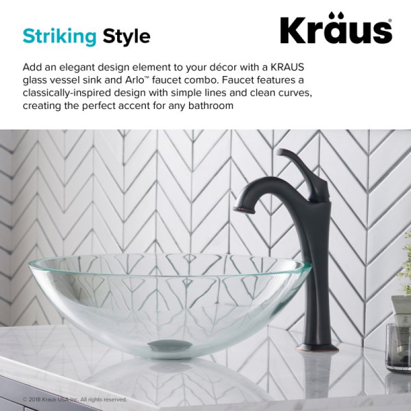 KRAUS 16 1/2-inch Crystal Clear Glass Bathroom Vessel Sink and Arlo™ Faucet Combo Set with Pop-Up Drain, Oil Rubbed Bronze Finish