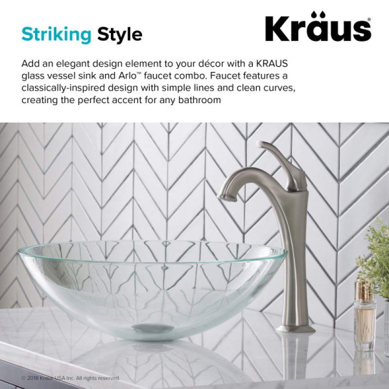 KRAUS 16 1/2-inch Crystal Clear Glass Bathroom Vessel Sink and Spot Free Arlo™ Faucet Combo Set with Pop-Up Drain, Stainless Brushed Nickel Finish