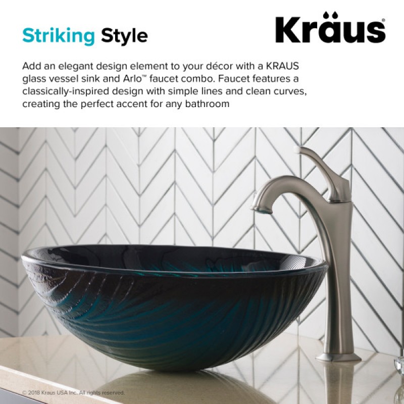 KRAUS 17-inch Green Glass Nature Series™ Bathroom Vessel Sink and Spot Free Arlo™ Faucet Combo Set with Pop-Up Drain, Stainless Brushed Nickel Finish