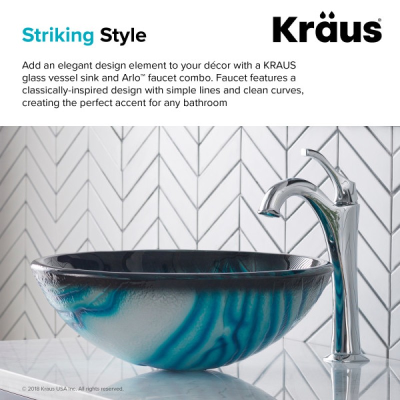 KRAUS 17-inch Blue Glass Nature Series™ Bathroom Vessel Sink and Arlo™ Faucet Combo Set with Pop-Up Drain, Chrome Finish