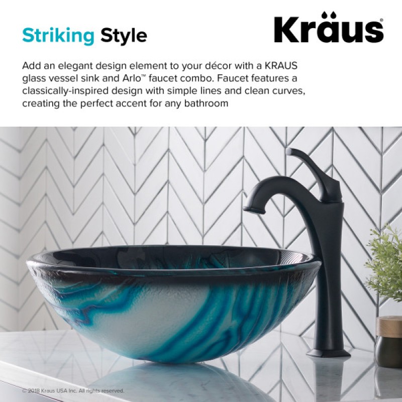 KRAUS 17-inch Blue Glass Nature Series™ Bathroom Vessel Sink and Matte Black Arlo™ Faucet Combo Set with Pop-Up Drain