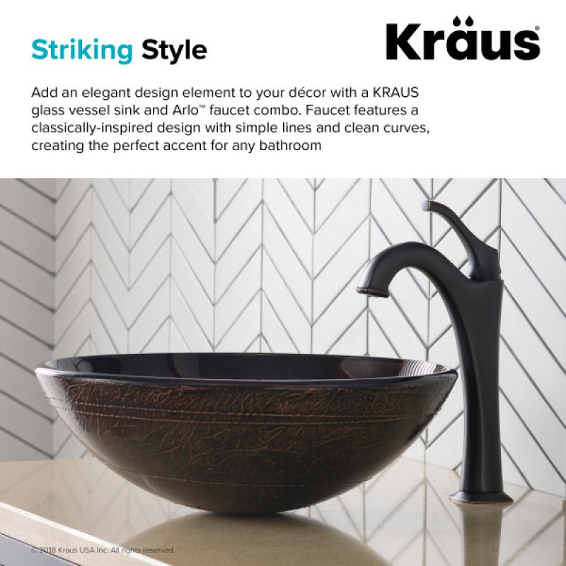 KRAUS 16 1/2-inch Copper Brown Bathroom Vessel Sink and Arlo™ Faucet Combo Set with Pop-Up Drain, Oil Rubbed Bronze Finish