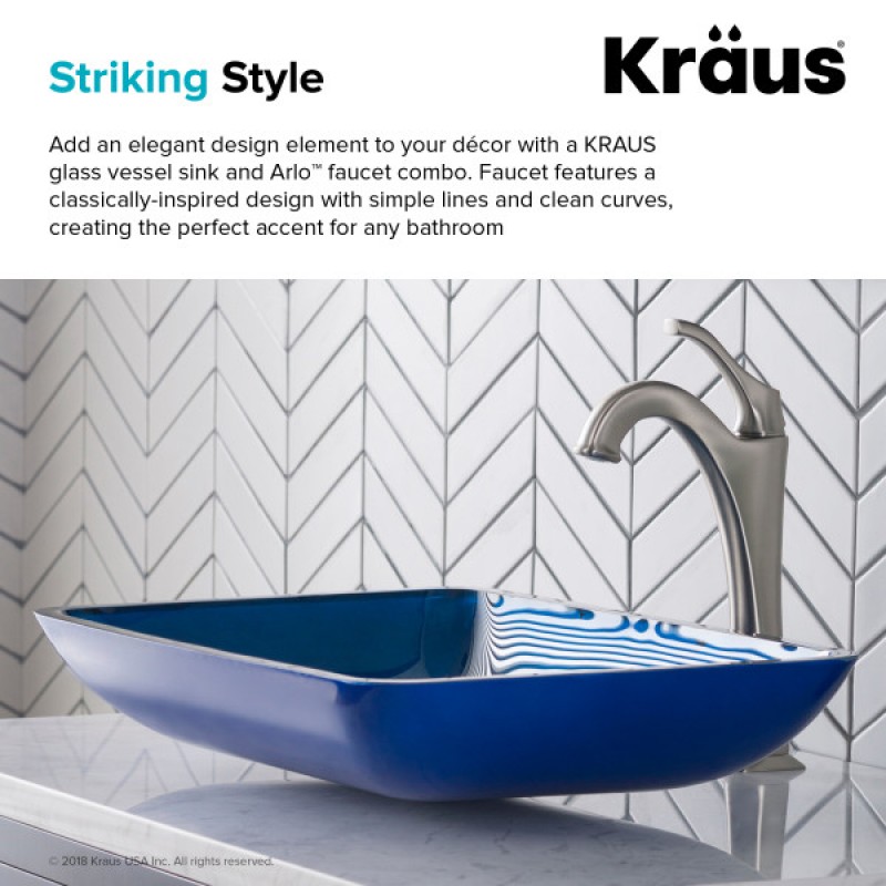 KRAUS 22-inch Rectangular Blue Glass Bathroom Vessel Sink and Spot Free Arlo™ Faucet Combo Set with Pop-Up Drain, Stainless Brushed Nickel Finish