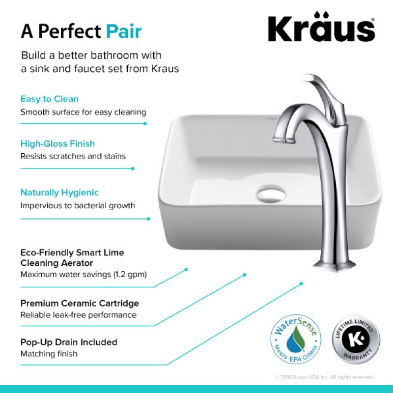 KRAUS Elavo™ 19-inch Modern Rectangular White Porcelain Ceramic Bathroom Vessel Sink and Arlo™ Faucet Combo Set with Pop-Up Drain, Chrome Finish