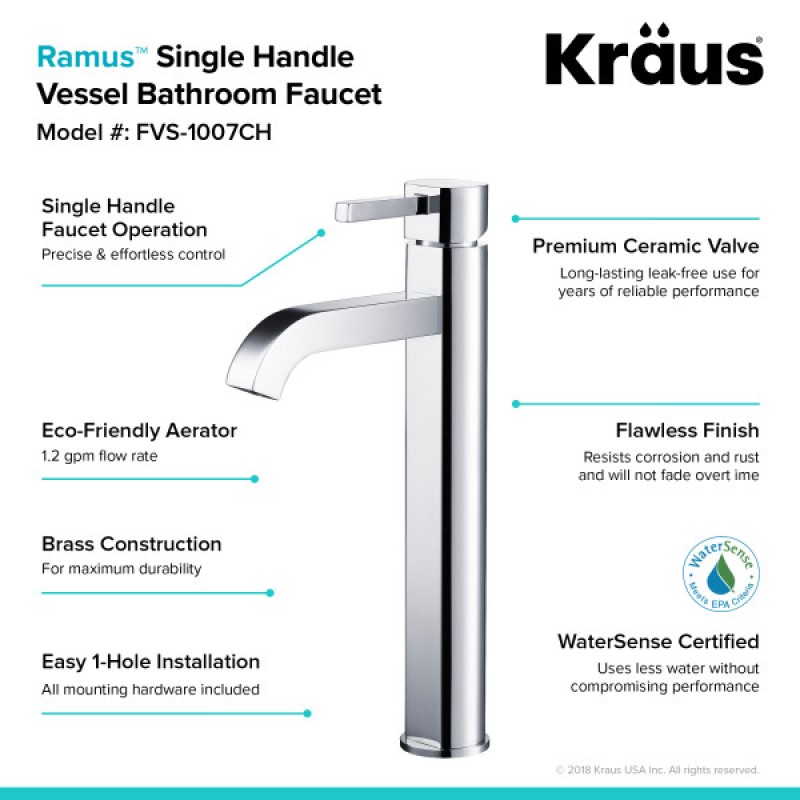 KRAUS Ramus™ Tall Vessel Bathroom Faucet, Chrome Finish