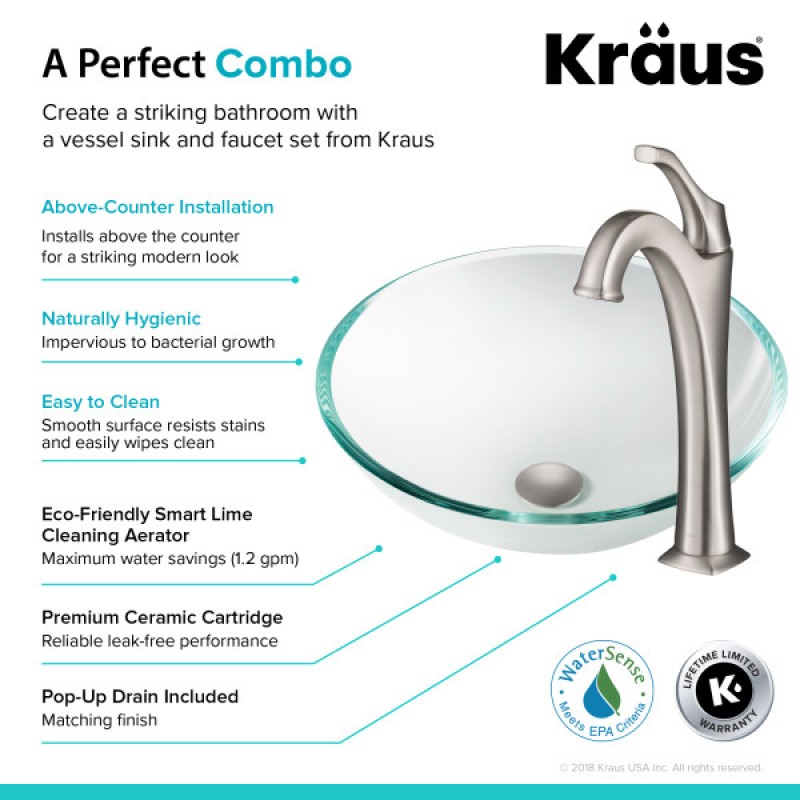 KRAUS 16 1/2-inch Crystal Clear Glass Bathroom Vessel Sink and Spot Free Arlo™ Faucet Combo Set with Pop-Up Drain, Stainless Brushed Nickel Finish