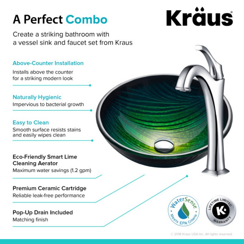 KRAUS 17-inch Green Glass Nature Series™ Bathroom Vessel Sink and Arlo™ Faucet Combo Set with Pop-Up Drain, Chrome Finish