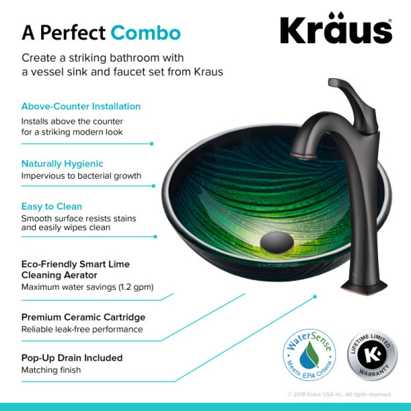 KRAUS 17-inch Green Glass Nature Series™ Bathroom Vessel Sink and Arlo™ Faucet Combo Set with Pop-Up Drain, Oil Rubbed Bronze Finish