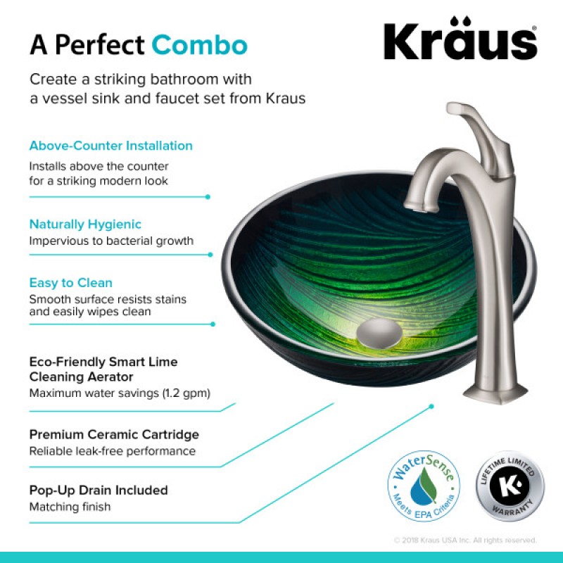 KRAUS 17-inch Green Glass Nature Series™ Bathroom Vessel Sink and Spot Free Arlo™ Faucet Combo Set with Pop-Up Drain, Stainless Brushed Nickel Finish