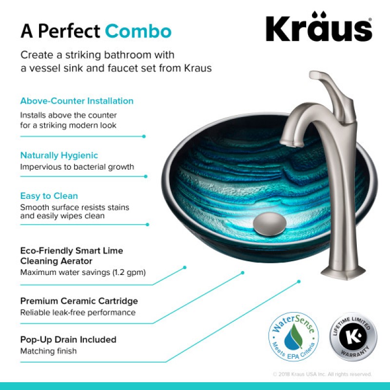 KRAUS 17-inch Blue Glass Nature Series™ Bathroom Vessel Sink and Spot Free Arlo™ Faucet Combo Set with Pop-Up Drain, Stainless Brushed Nickel Finish