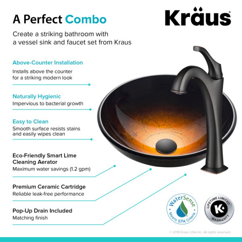 KRAUS 16 1/2-inch Copper Brown Bathroom Vessel Sink and Arlo™ Faucet Combo Set with Pop-Up Drain, Oil Rubbed Bronze Finish