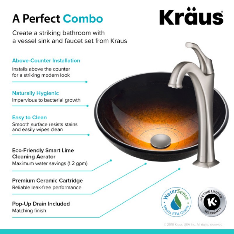 KRAUS 16 1/2-inch Copper Brown Bathroom Vessel Sink and Spot Free Arlo™ Faucet Combo Set with Pop-Up Drain, Stainless Brushed Nickel Finish