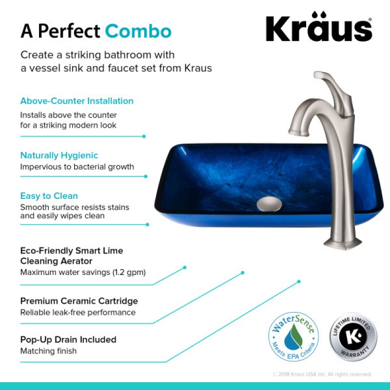 KRAUS 22-inch Rectangular Blue Glass Bathroom Vessel Sink and Spot Free Arlo™ Faucet Combo Set with Pop-Up Drain, Stainless Brushed Nickel Finish